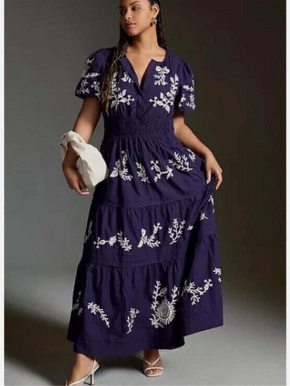 Embroidered Navy Maxi Dress with Smocked Waist